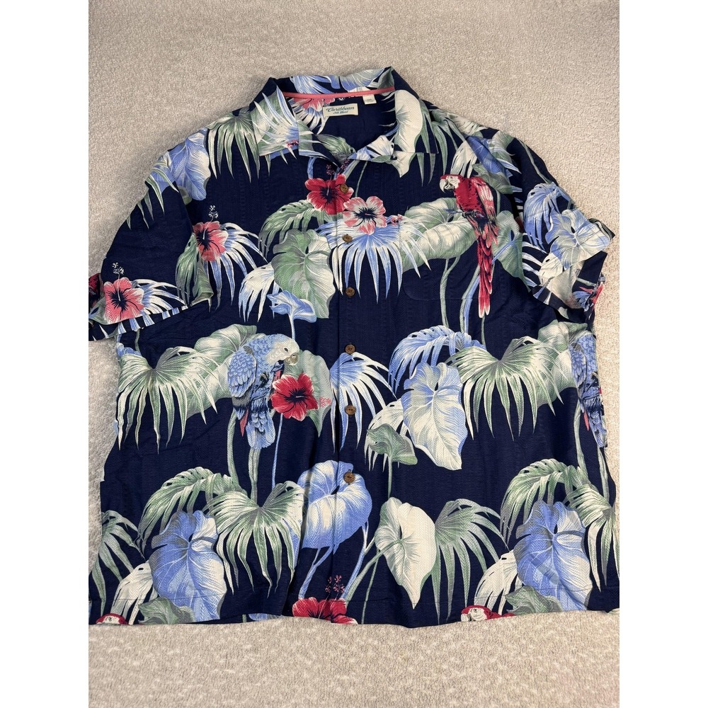 Caribbean Shirt Mens‎ Big 3X Blue Parrot Floral Short Sleeve Button Up Casual